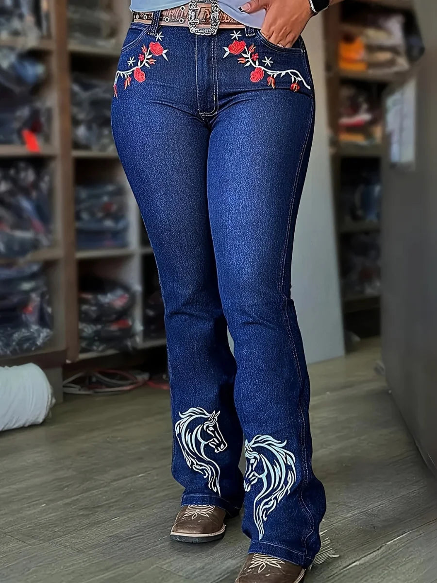 【HME】Jeans | Ranch‑Inspired Western Denim Pants, Ladies Slim Bootcut Denim Featuring Vivid Rose And Horse Head Embroidery, Comfort Stretch Dark‑Blue Denim Pants For Daily And Riding Looks
