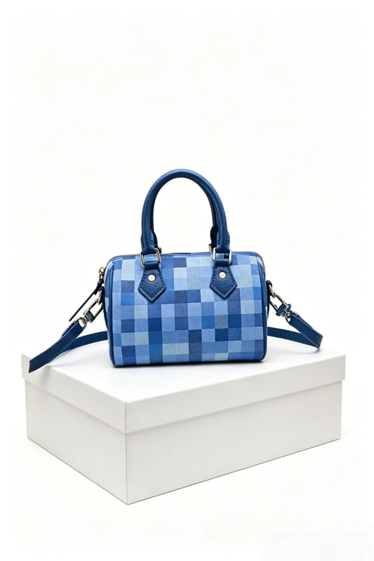 2026 Fashion New Luxury Women's Bag 18X12X10CM Speed Blue Checkerboard Handbag with Shoulder Strap No Box