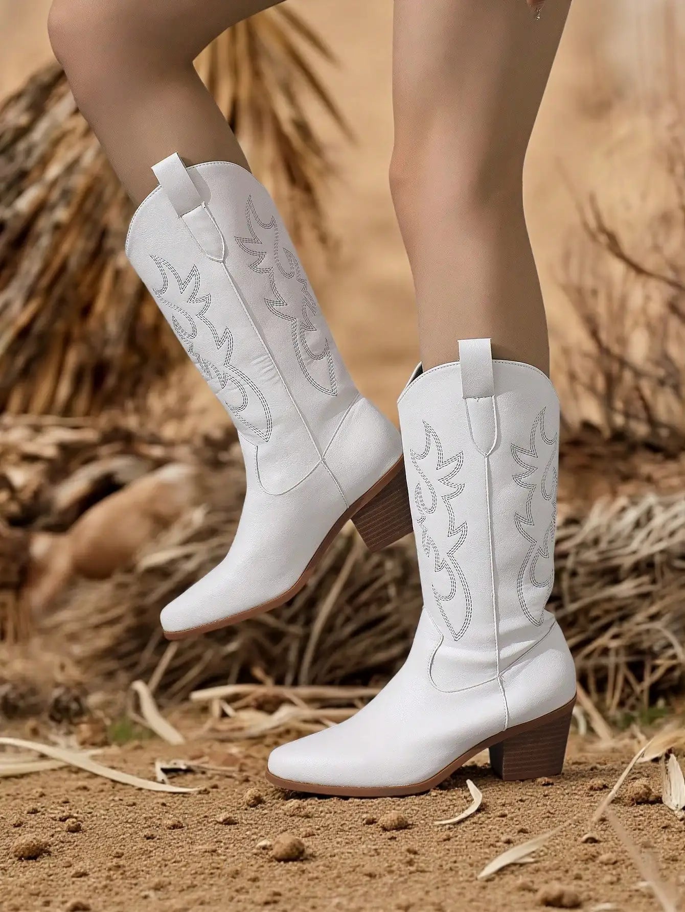 Women Mid Calf Western Cowboy Boots Pull On Pointed Toe
