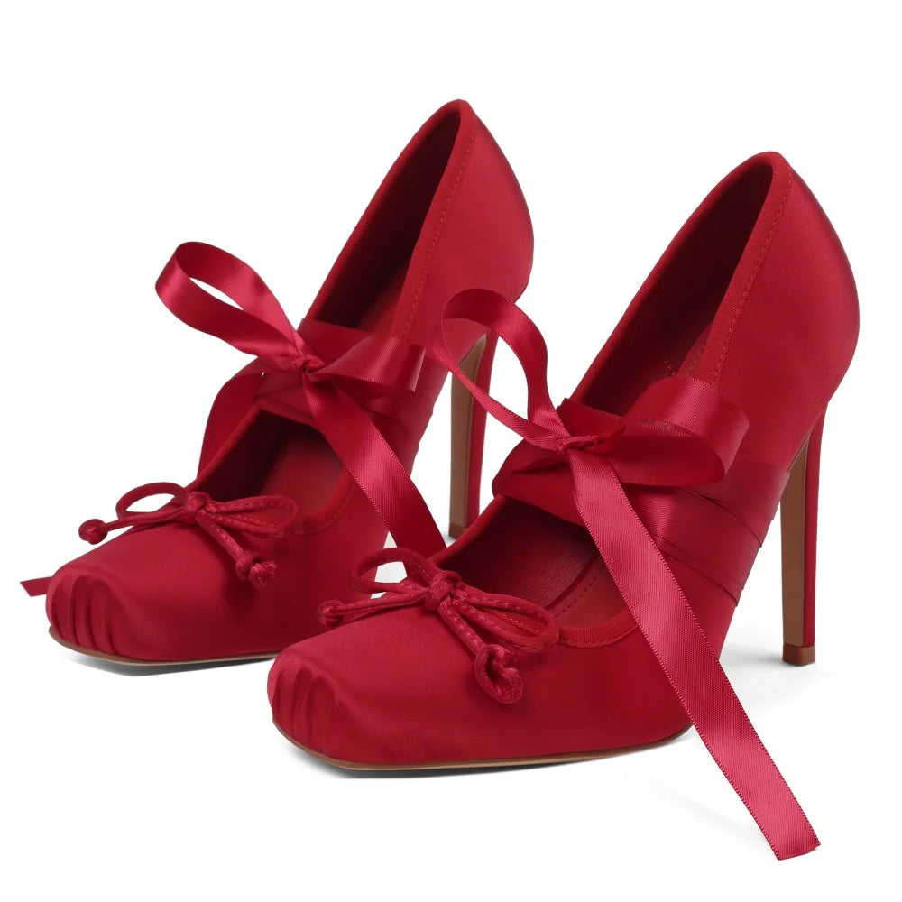 Women Ballet Heels Square Toe Mary Janes Lace Up Pumps