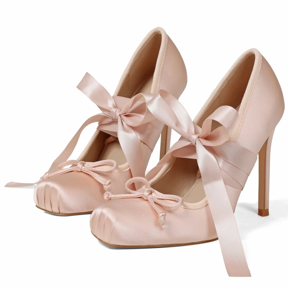 Women Ballet Heels Square Toe Mary Janes Lace Up Pumps