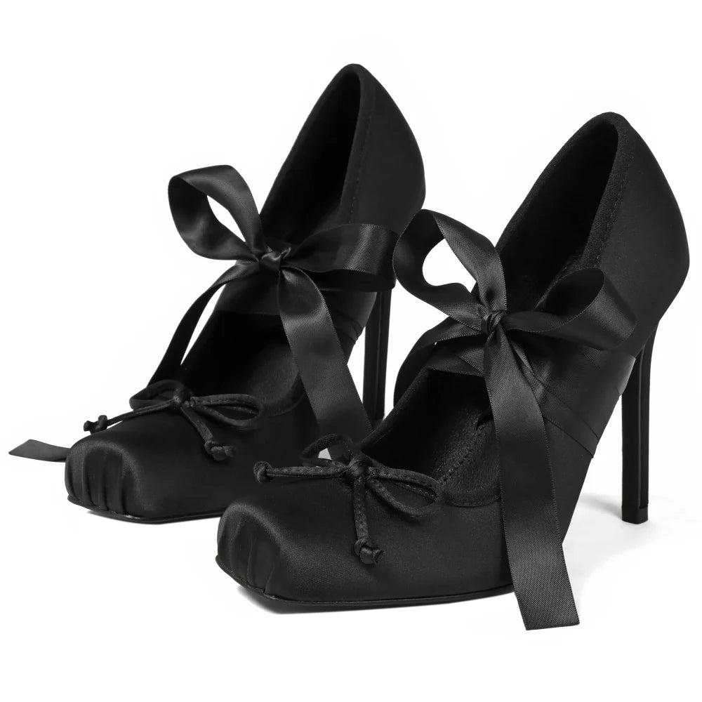 Women Ballet Heels Square Toe Mary Janes Lace Up Pumps