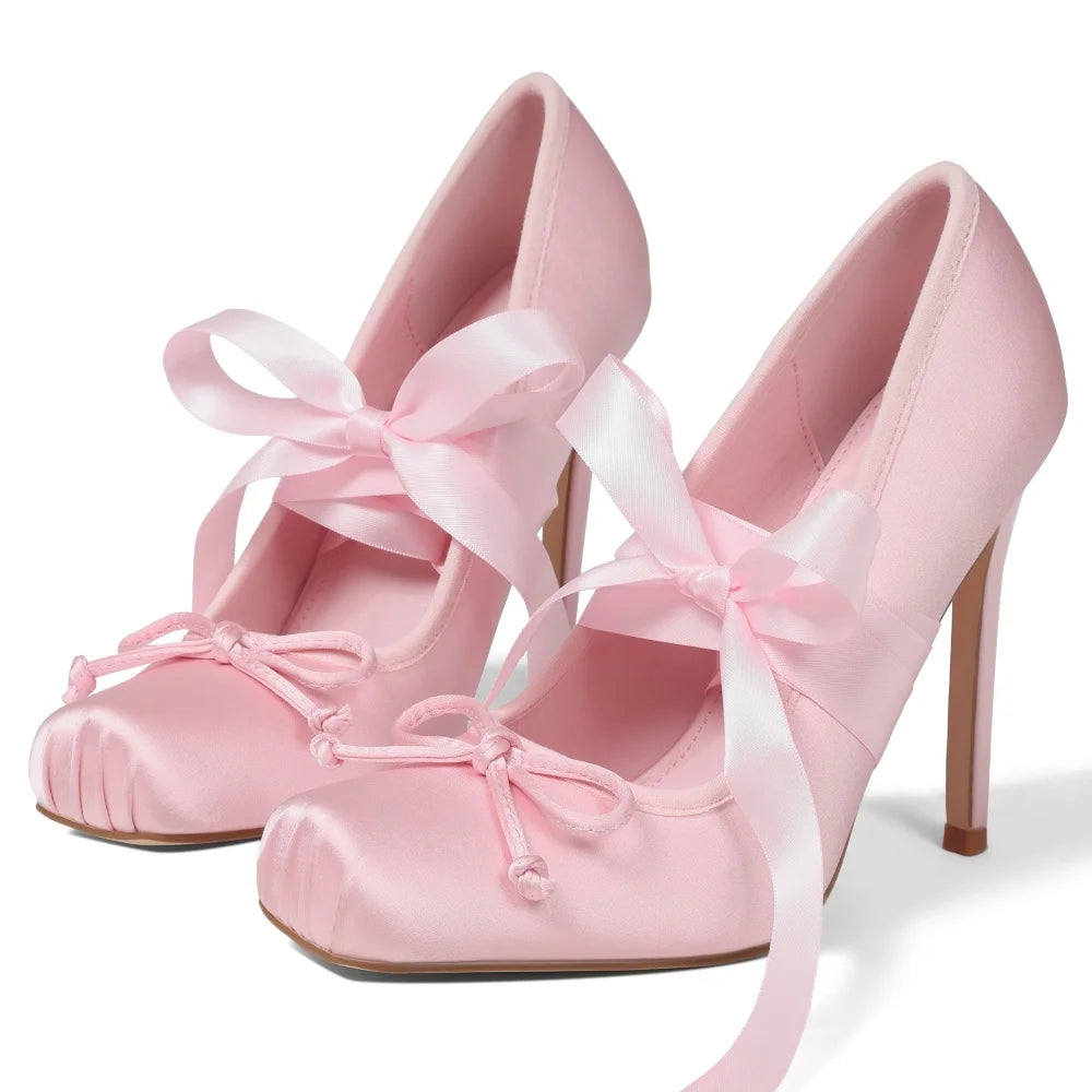 Women Ballet Heels Square Toe Mary Janes Lace Up Pumps
