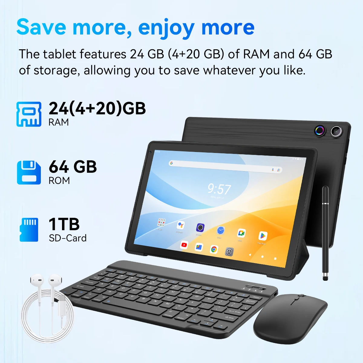 Moderness Android Tablet 24GB RAM 64GB Storage WiFi 6 Bluetooth