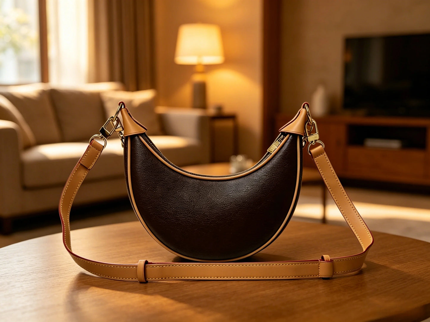 Womens Crescent Bag With Piping PVC Crossbody Purse