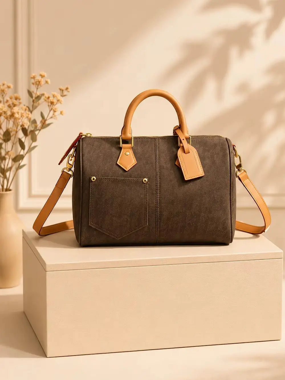 2026 Fashion New Luxury Women's Bag 30X21X17CM Dark Brown Denim Speed Handbag with Shoulder Strap Without Box