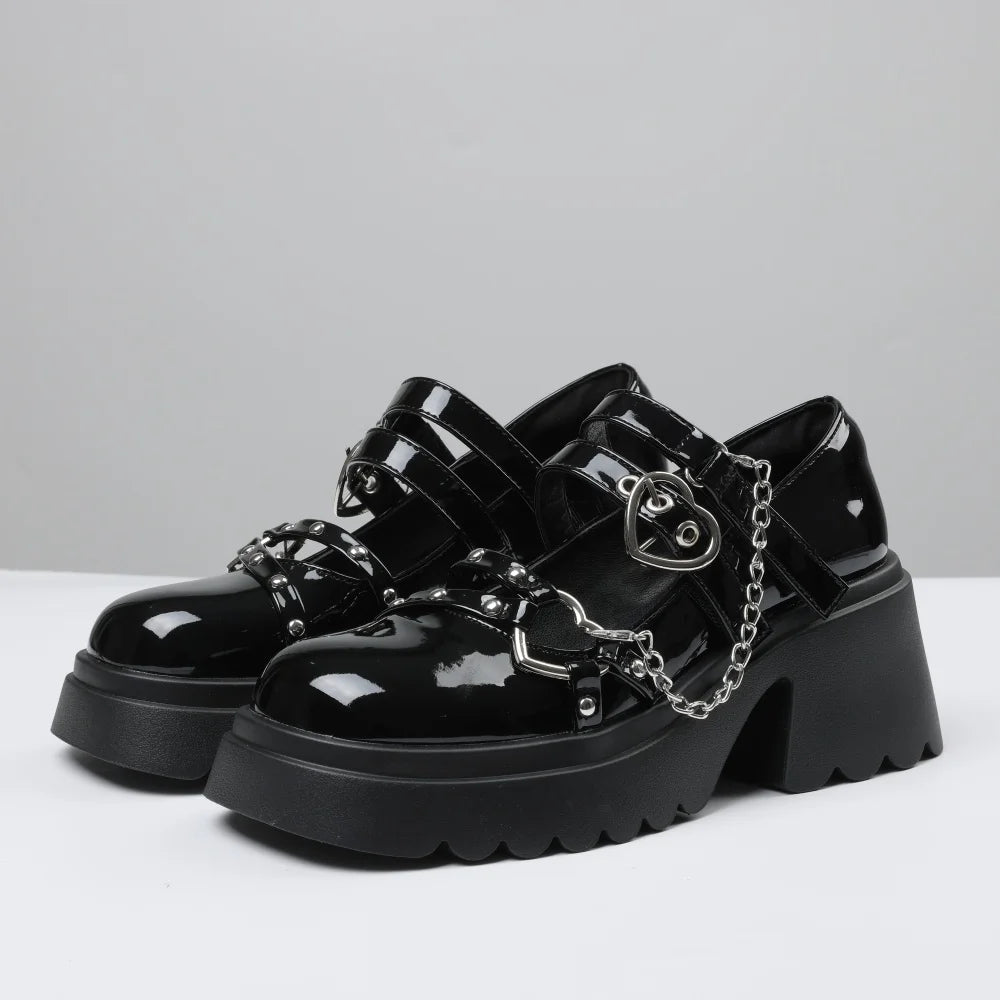 Gothic Style Mary Jane Shoes With Platform Heart Decor