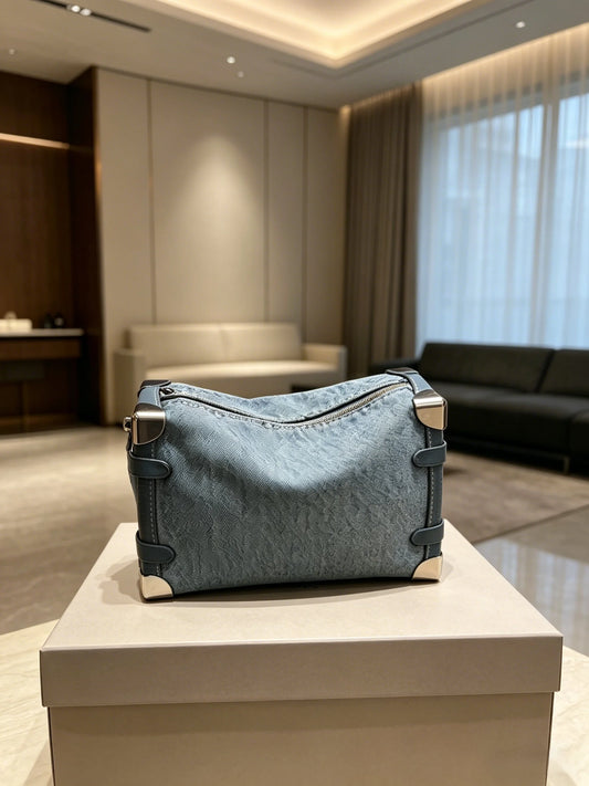 Denim Lunch Box Crossbody Bag With Metal Corner Accent
