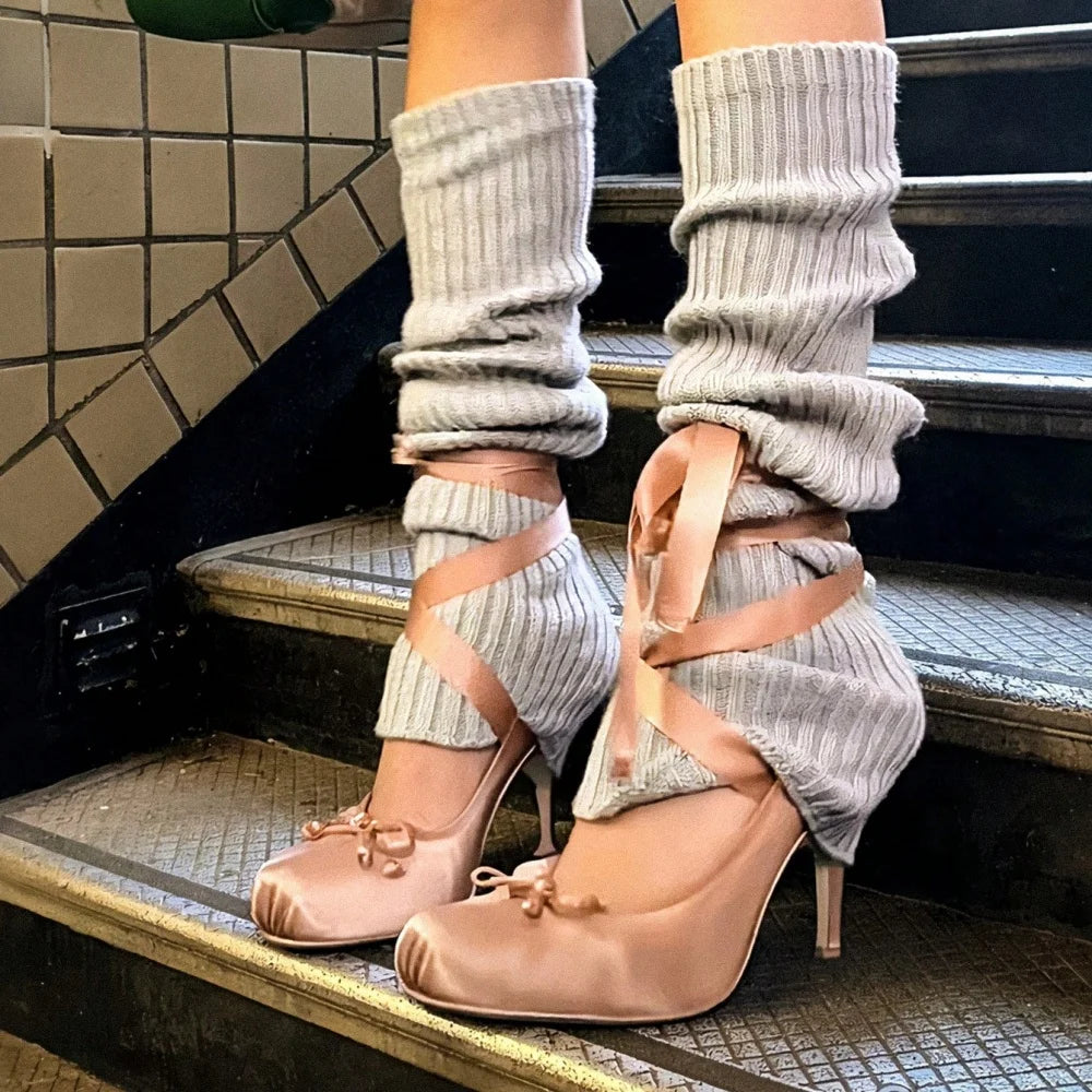 Women Ballet Heels Square Toe Mary Janes Lace Up Pumps