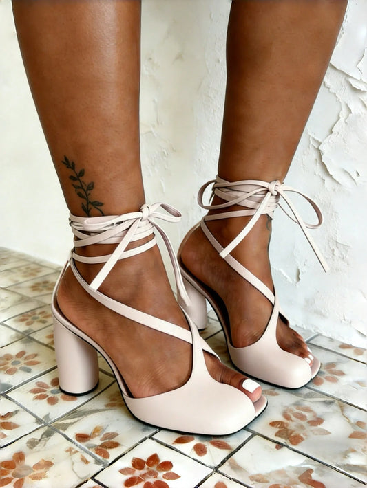 Women's Lace Up Chunky Heel Sandals Open Toe Ankle Wrap