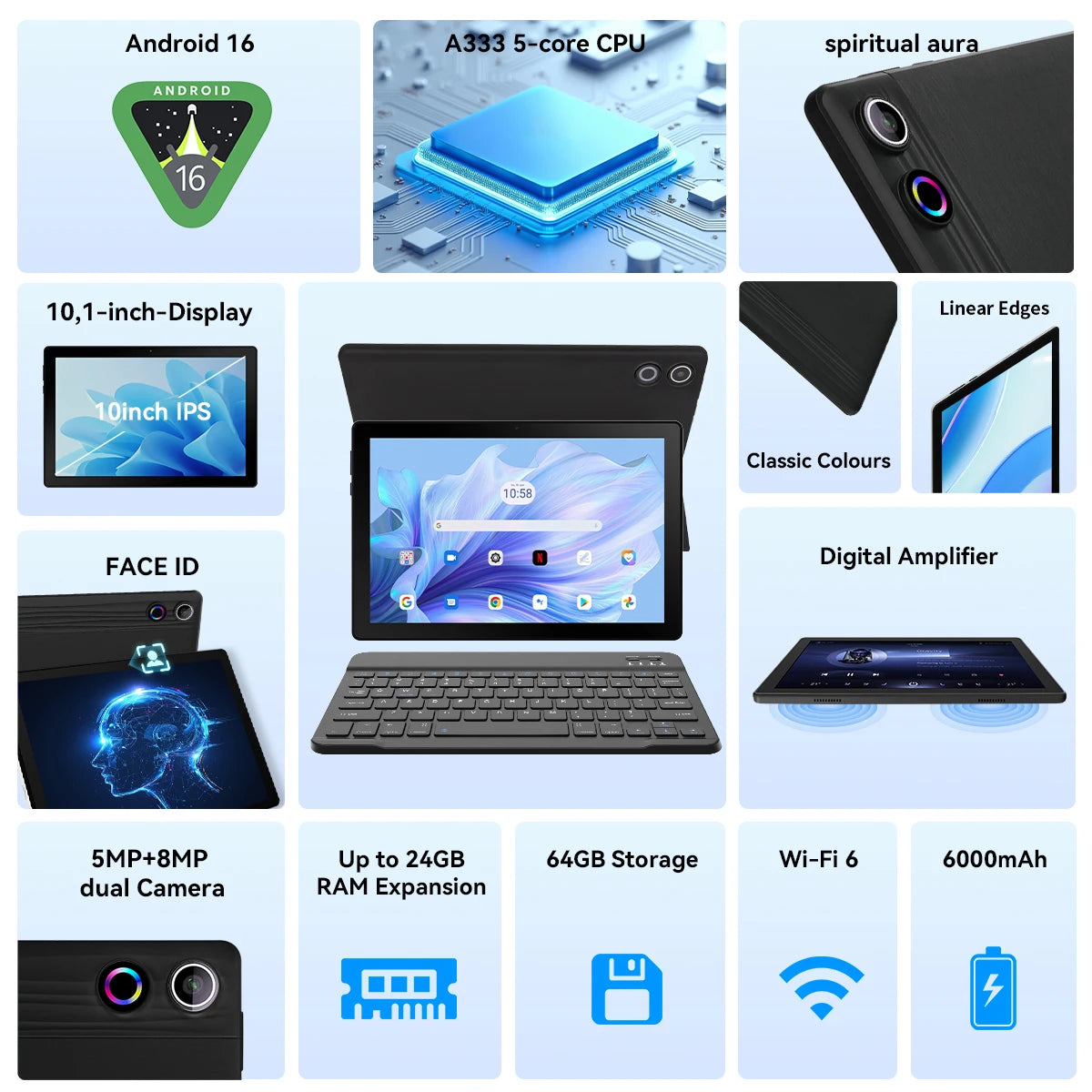Moderness Android Tablet 24GB RAM 64GB Storage WiFi 6 Bluetooth