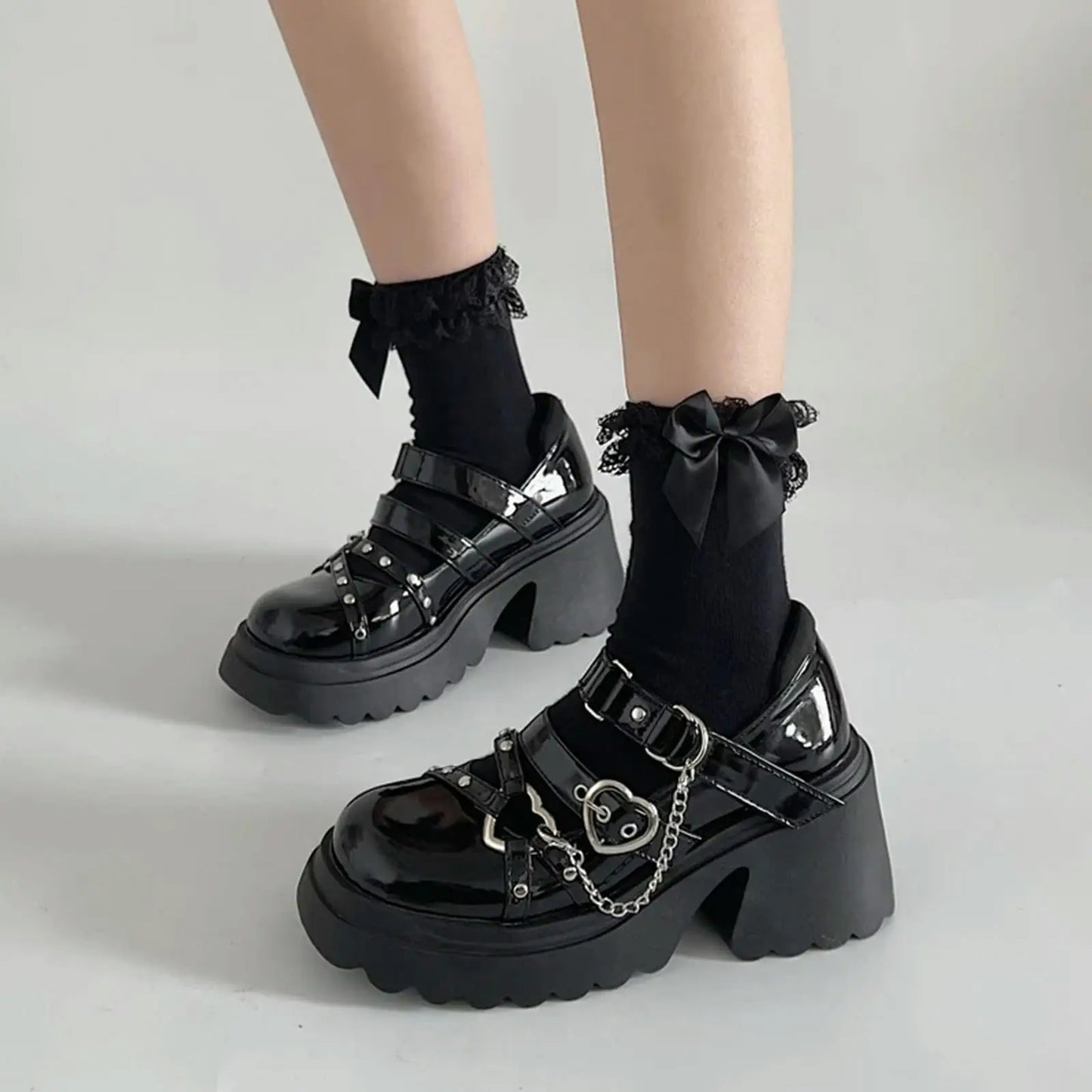 Gothic Style Mary Jane Shoes With Platform Heart Decor