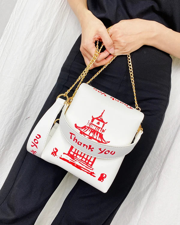 Enjoinin Chinese Takeout Box PU Leather Crossbody Shoulder Bag