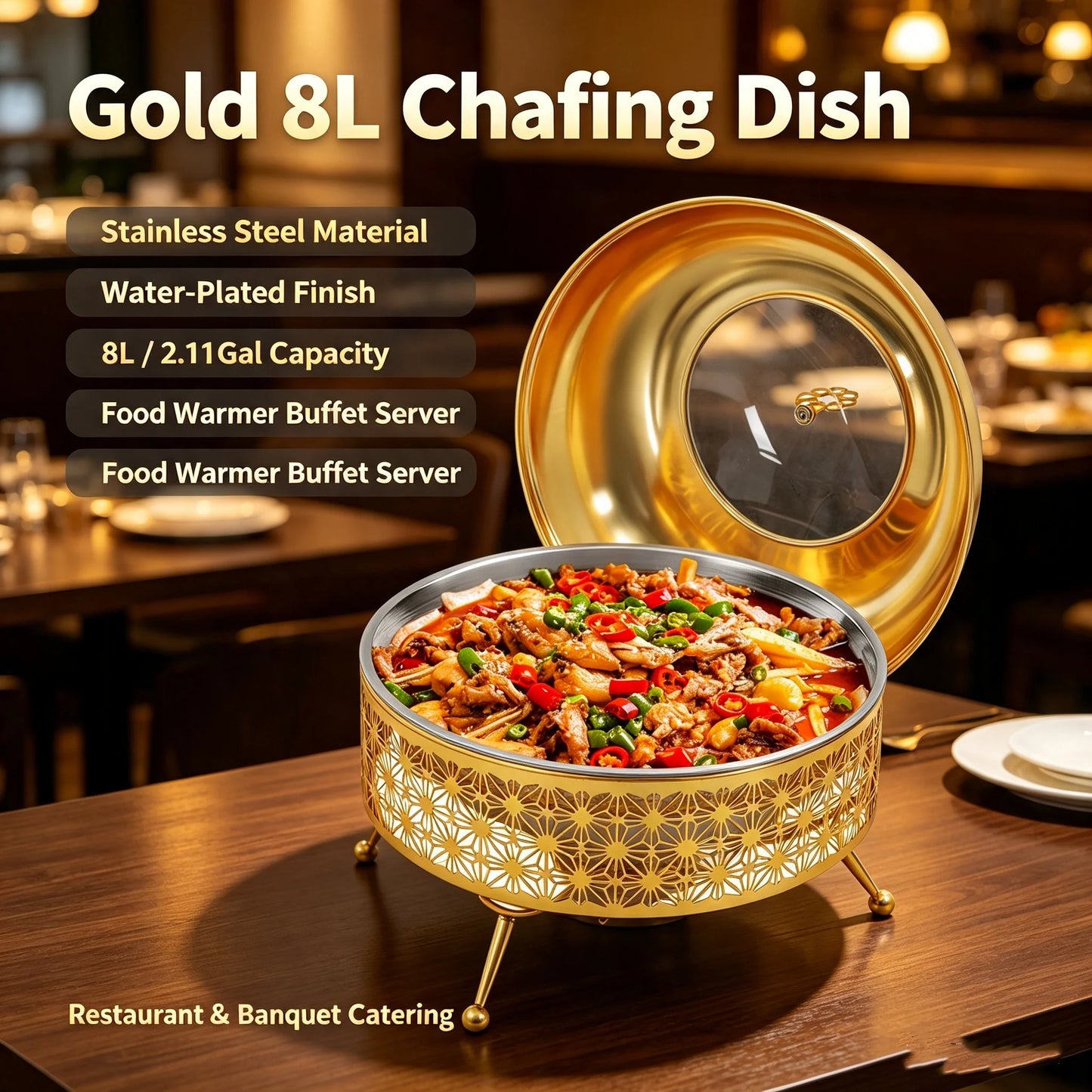 Gold Chafing Dishes for Buffet 8 L/8.38 Quart, Stainless Steel Round Chafer Buffet Servers and Warmers Set Large Food Warmer Chafer, for Weddings, Parties, Banquets, and Restaurants (8L/8.38QT)