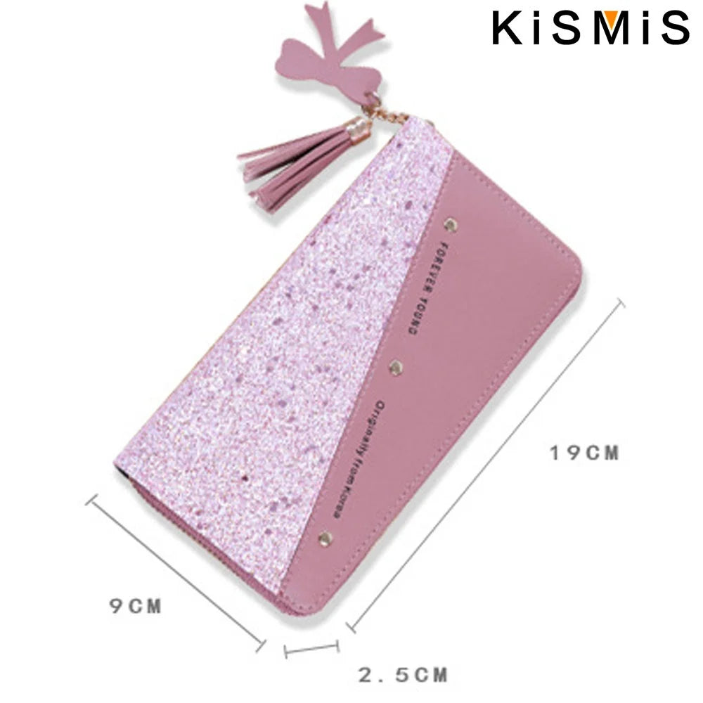 Women Wallet Korean Style Purse Patchwork Clutch Tassel Rivet Details Long Zipper Wallet Card Holder Wristlet Handbag Fashion Ladies Leather Large Capacity Multi Function Phone Pocket For Shopping Daily Use Teen Girls Elegant