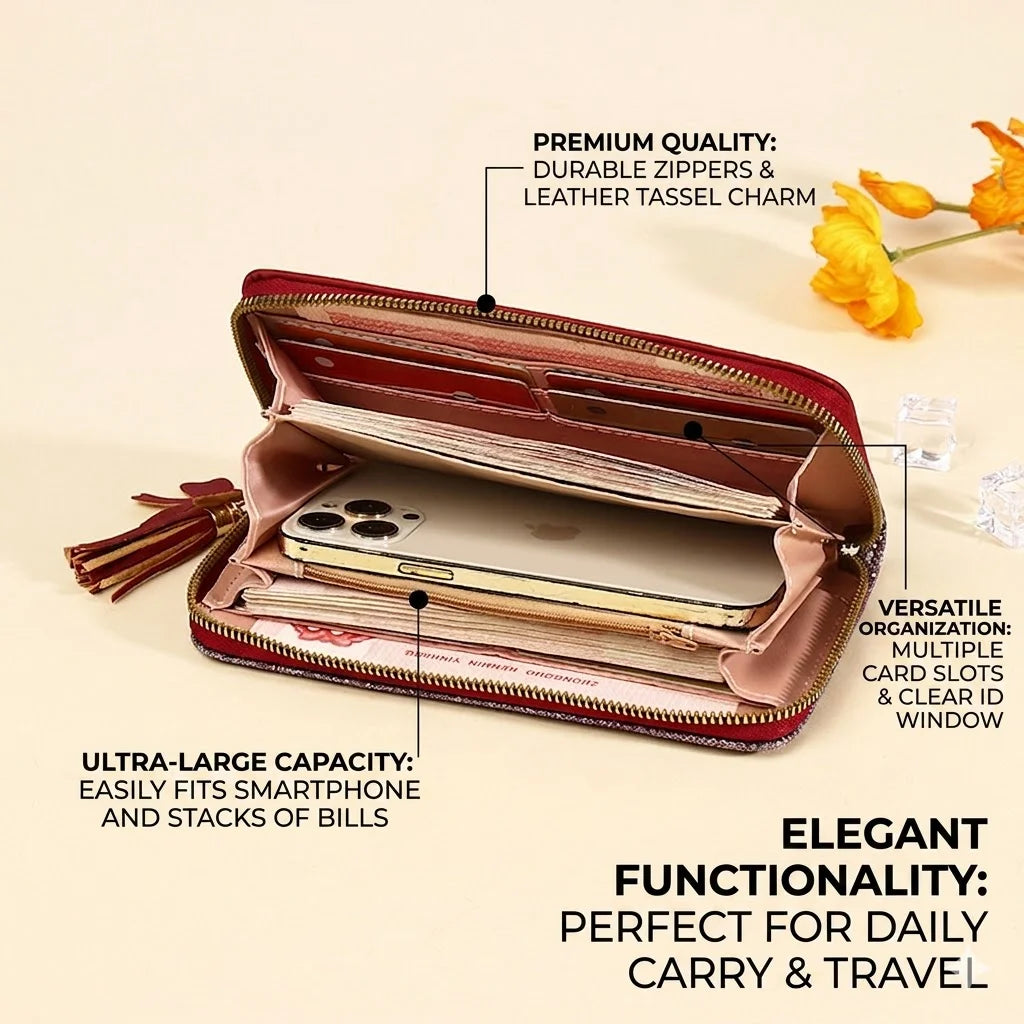 Women Wallet Korean Style Purse Patchwork Clutch Tassel Rivet Details Long Zipper Wallet Card Holder Wristlet Handbag Fashion Ladies Leather Large Capacity Multi Function Phone Pocket For Shopping Daily Use Teen Girls Elegant