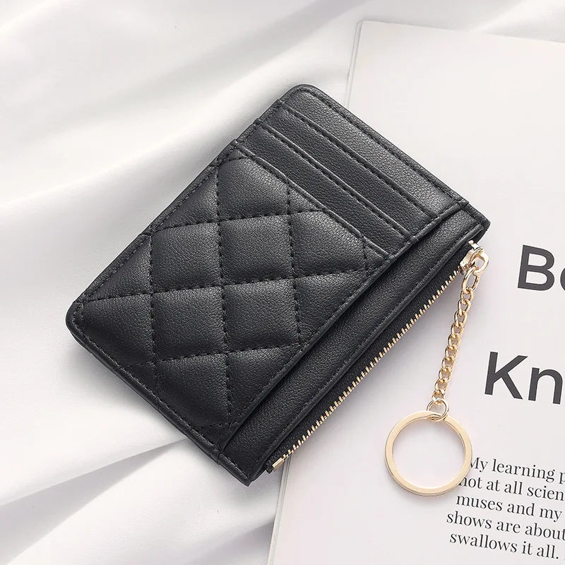 Quilted Minimalist Ring Mini Wallet With Card Slots And ID Holder Faux Leather