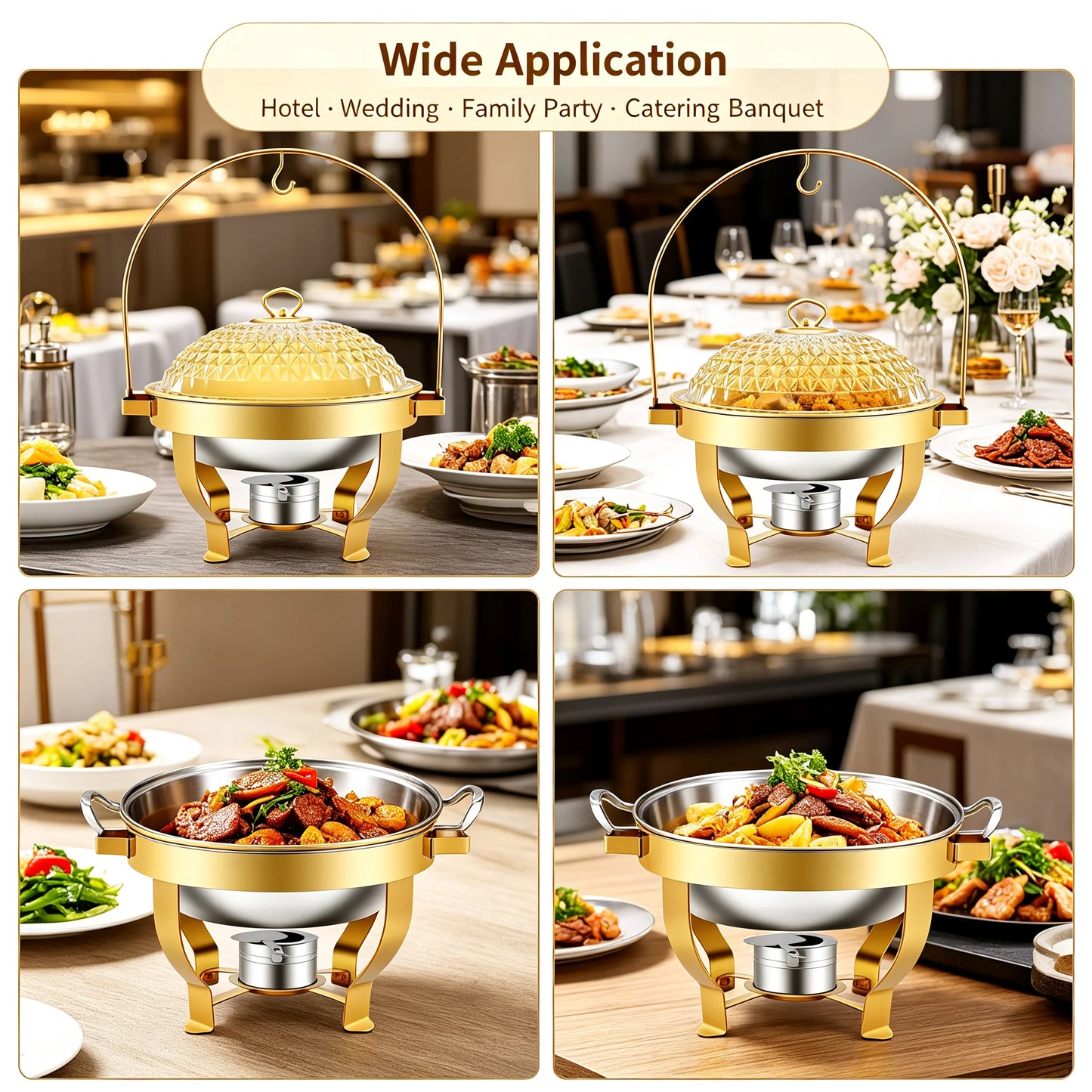 Diamond Hanging Lid Chafing Dish Set 6.3QT, Stainless Steel Buffet Food Warmer with Alcohol Burner & Lid Holder, Elegant Party Serving Stand, Gold
