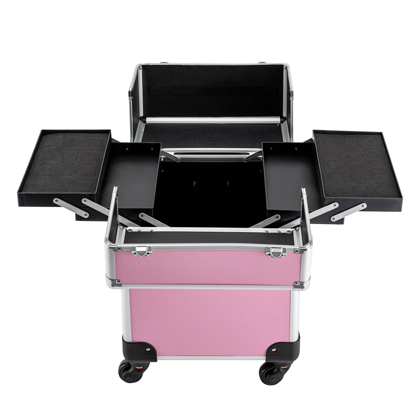 18" Aluminum Makeup Train Case, Rolling Cosmetic Organizer Cart with Key Lock, Large Portable Beauty Storage Suitcase for Professional Travel Salon