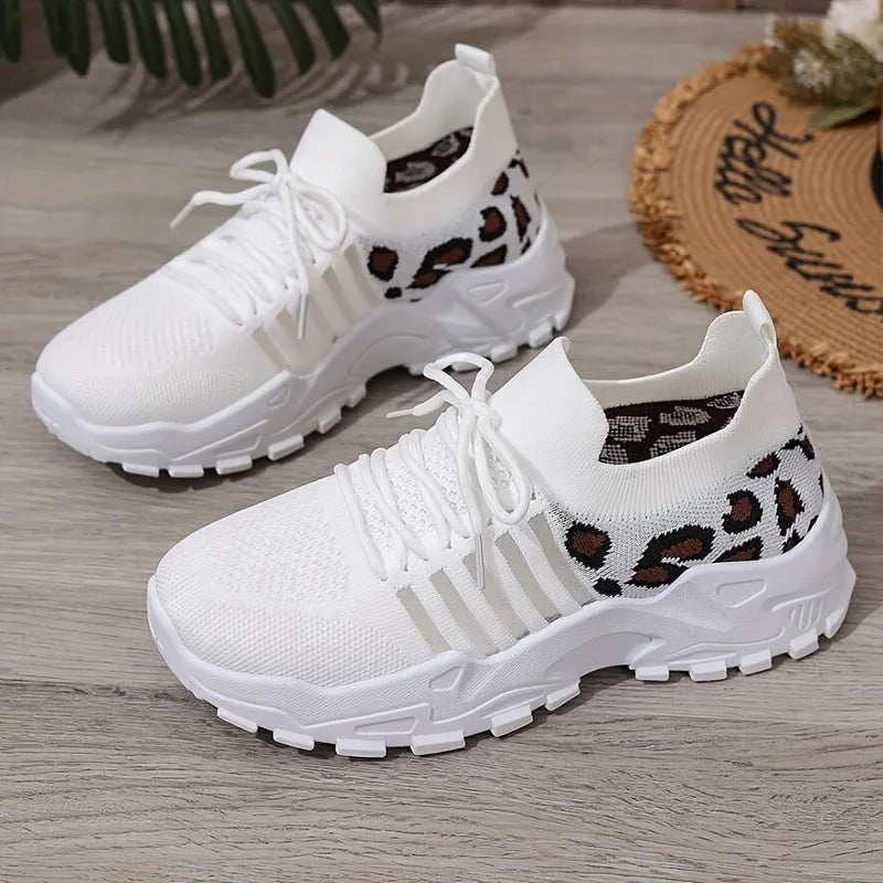 Women Lightweight Lace Up Running Shoes Leopard Print
