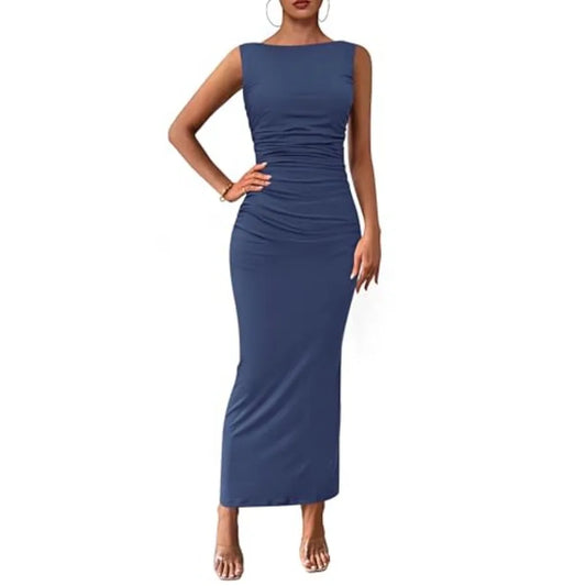 Women's 2026 Summer Semi Formal Midi Dresses Sleeveless Ruched Bodycon Long Elegant Cocktail Wedding Guest Dress