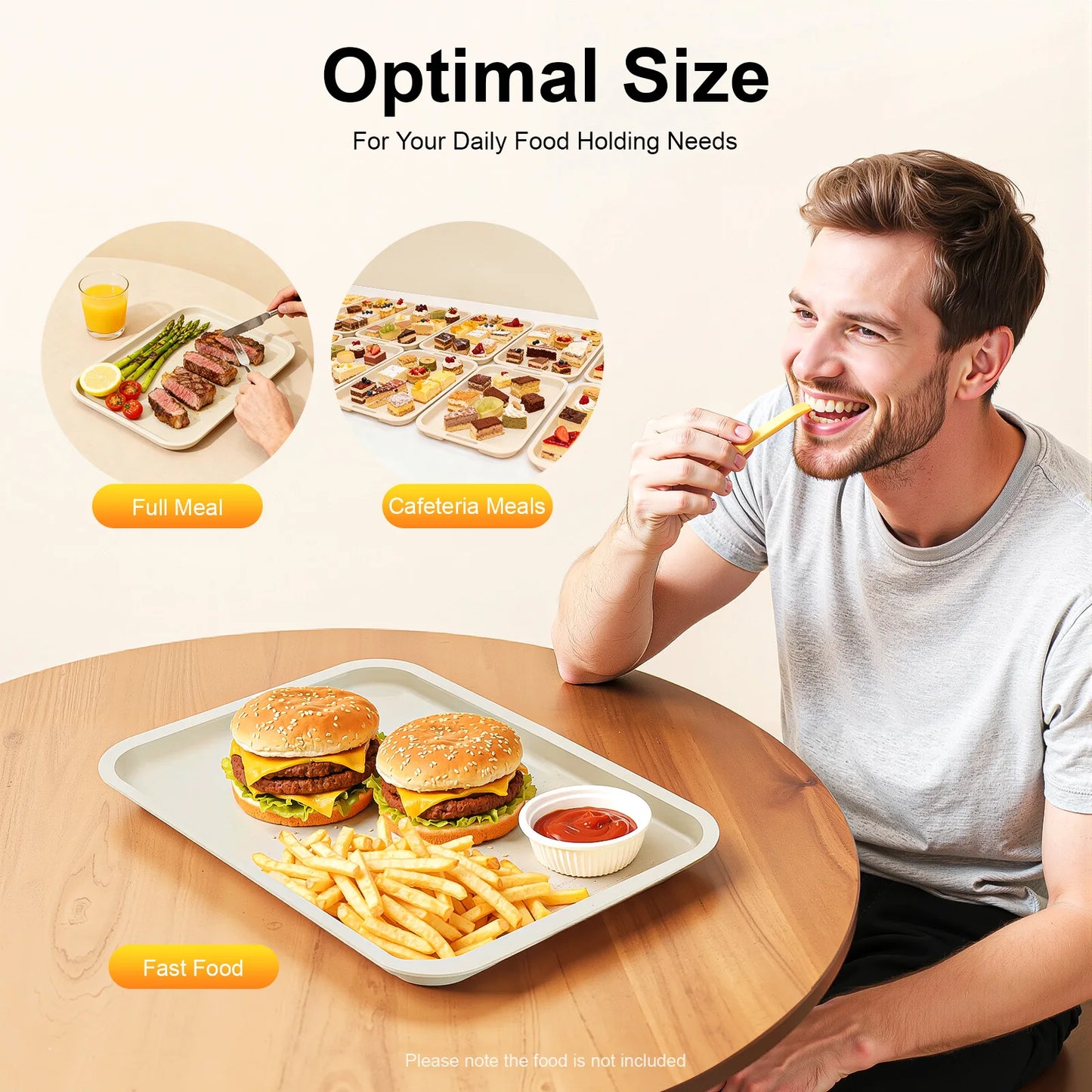 24 Pack Rectangular PP Fast Food Trays 36×27cm Anti-slip Surface Stackable 120℃ Heat Resistant Restaurant Cafeteria Serving Trays Khaki
