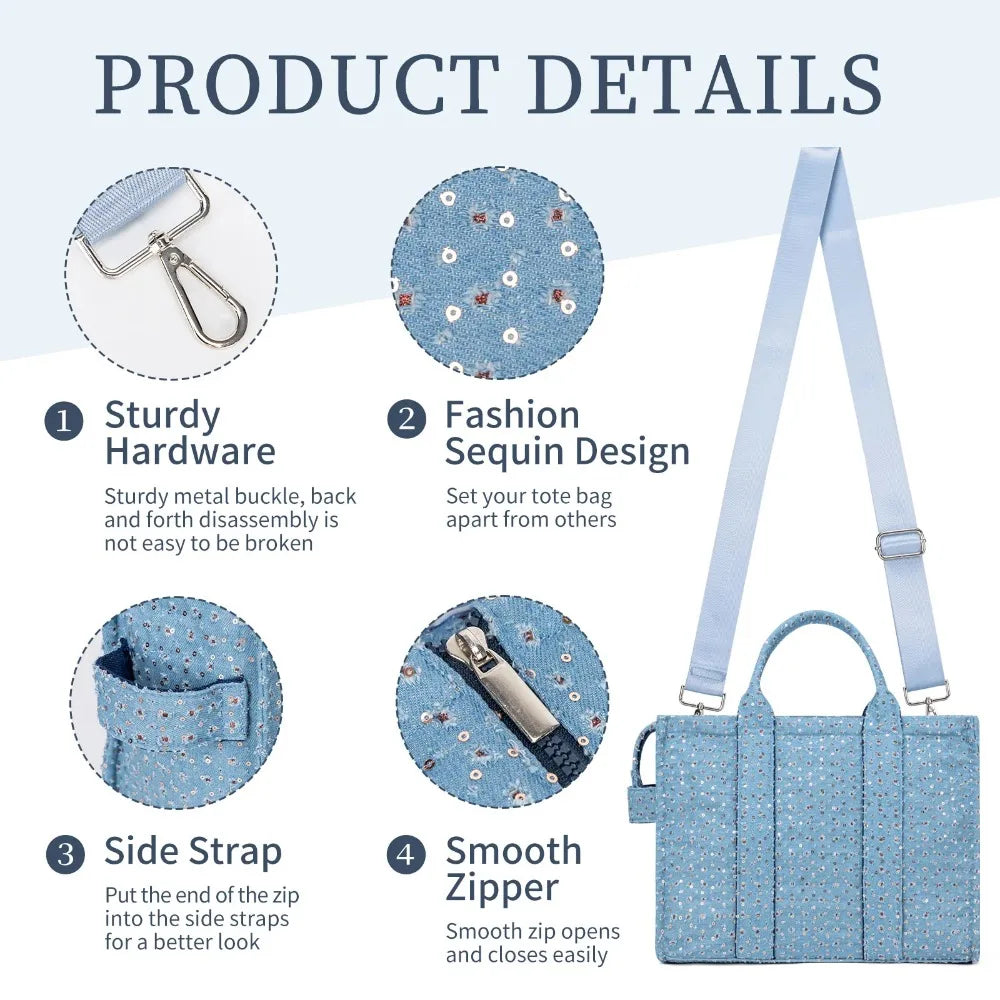 Large Capacity Sequins Canvas Tote Handlebags For Women Simple Canvas Decor Bucket Handbags Women Casual Shoulder Crossbody Bags