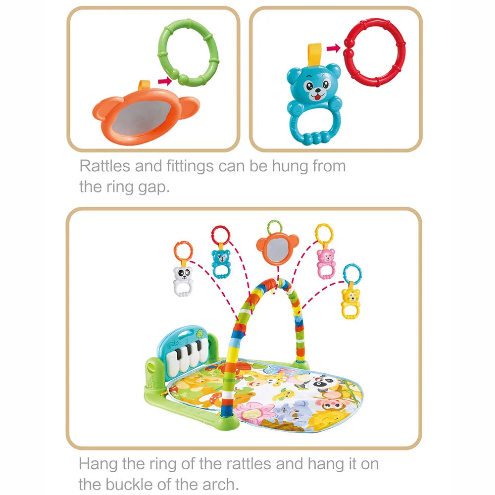 Baby Piano Gym Playmat Music Led Lights Hanging Toys Mirror