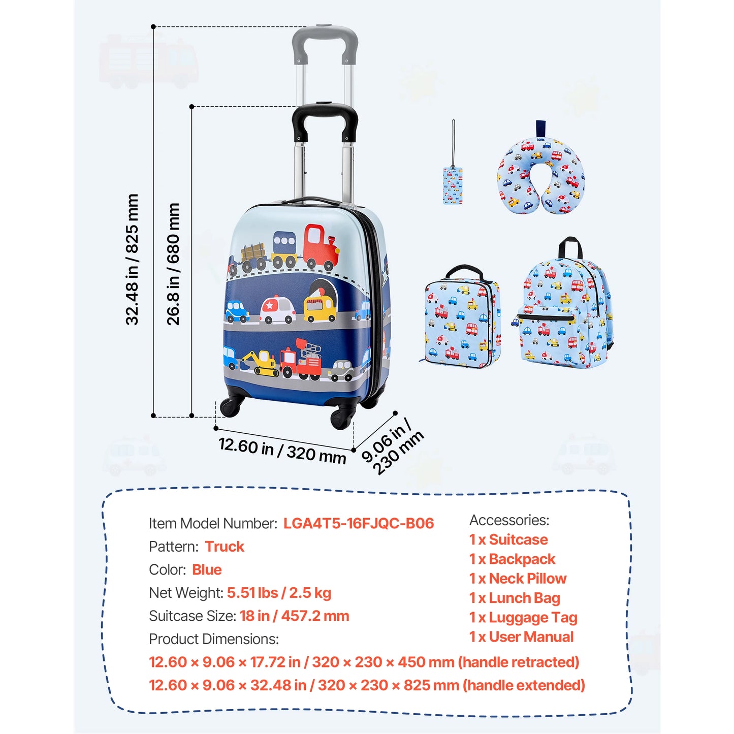 SucceBuy Kids Luggage Set 5 Piece 18 Inch with Backpack & U-shape Pillow Holiday Birthday Gift for Girl Boy Airline Approved