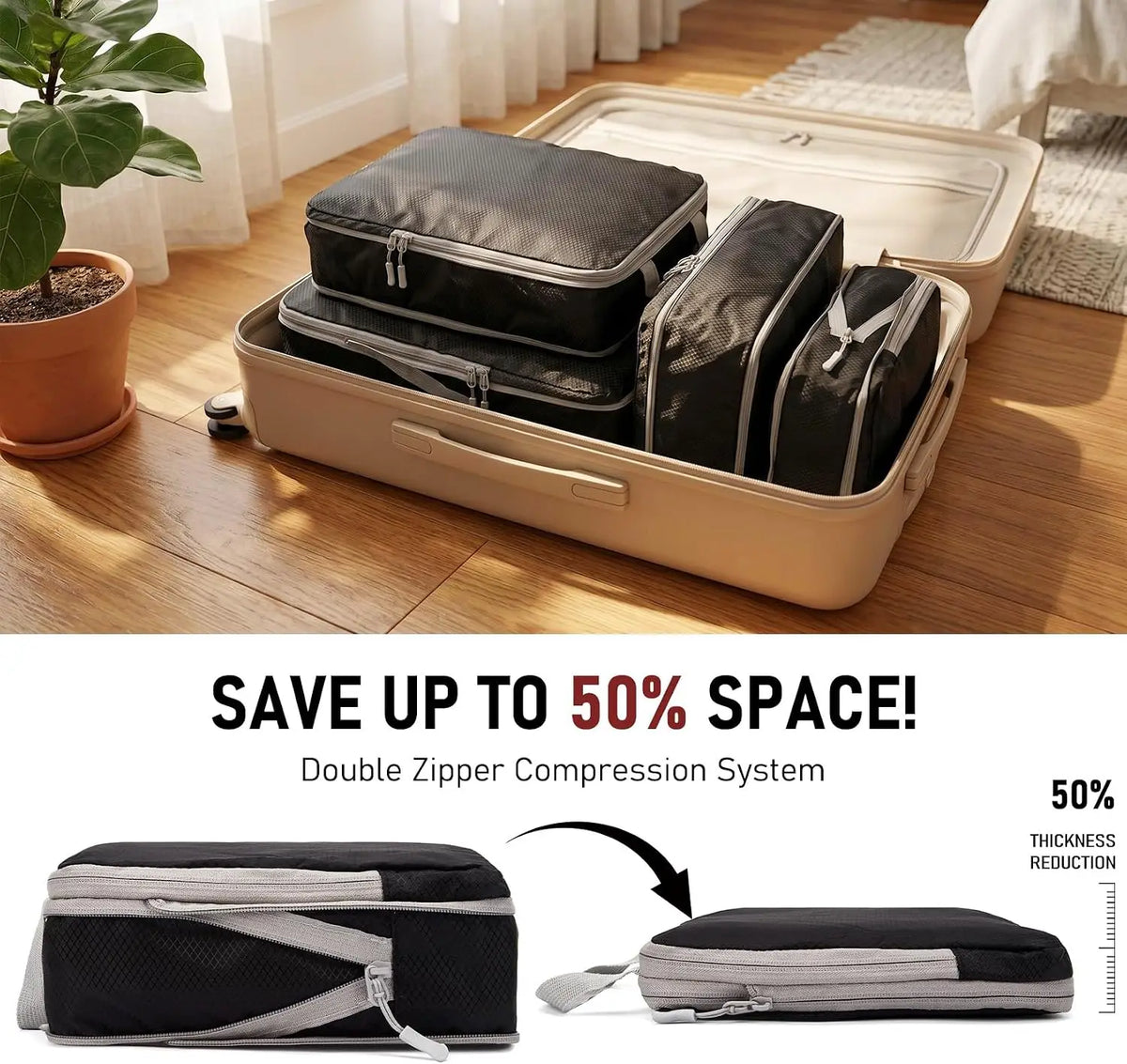 4Pcs/Set Travel Compression Packing Cubes Bag S/M/L/X Portable Suitcase Clothes Organizers Waterproof Luggage Storage Cases Drawer Bags for Travel