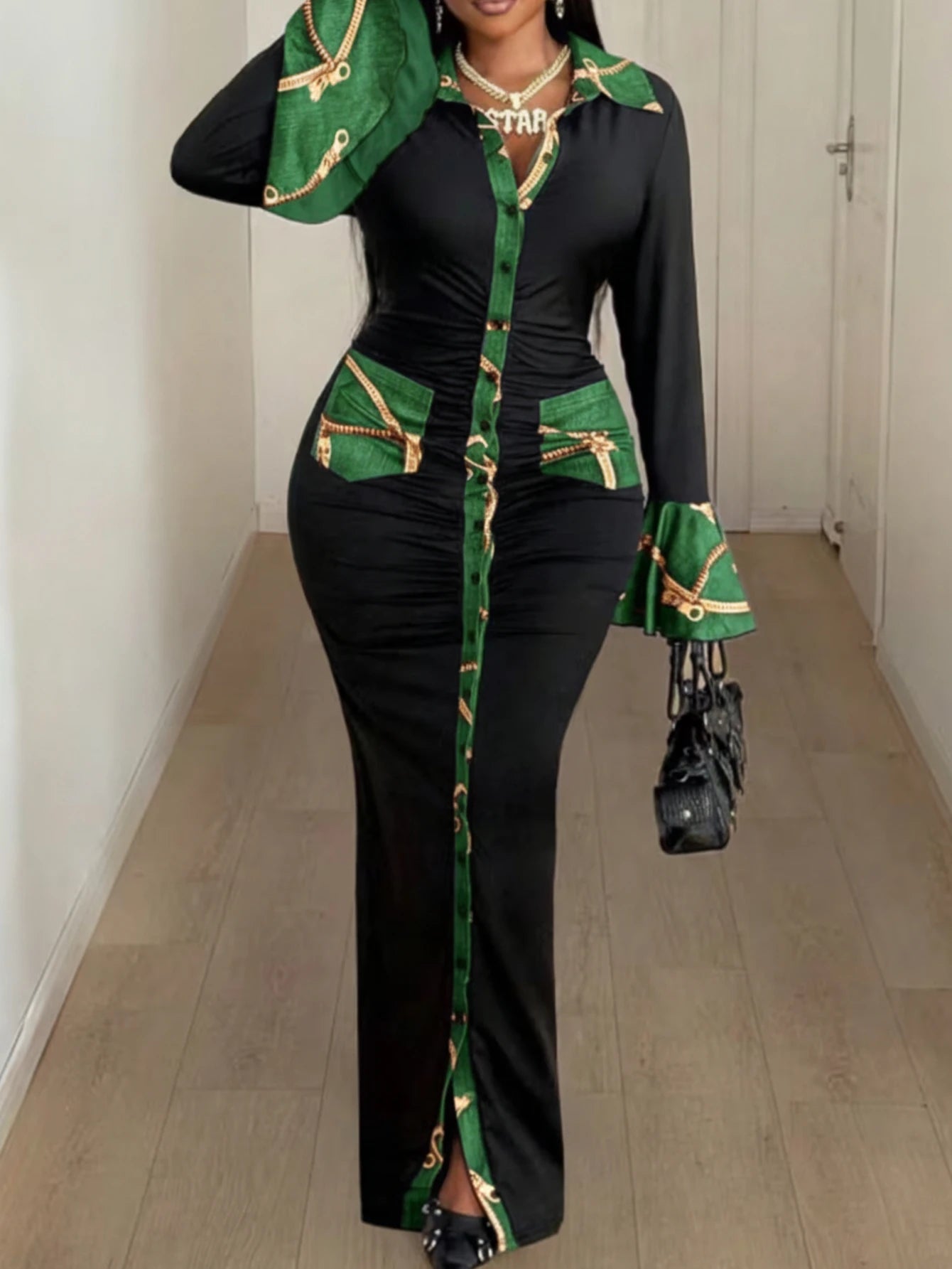 Women's Plus Size Collar Long Flare Sleeve Color Block Print Ruched Split Maxi Dress For Night Club Dinner Evening Party Fashion Occasions