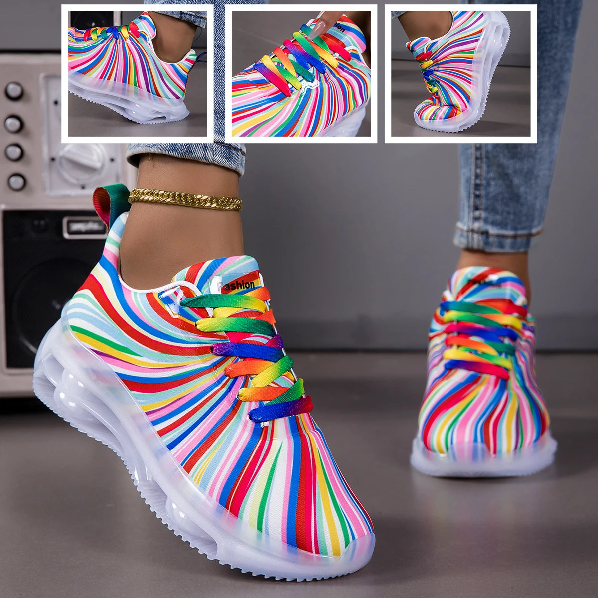 Women Swirl Stripe Air Cushion Sneakers Lace Up Shoes Lightweight