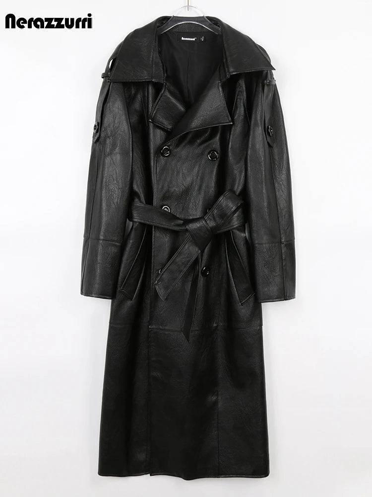 Nerazzurri Spring Autumn Long Waterproof Black Pu Leather Trench Coat Men Sashes Double Breasted Elegant Luxury Fashion Clothes