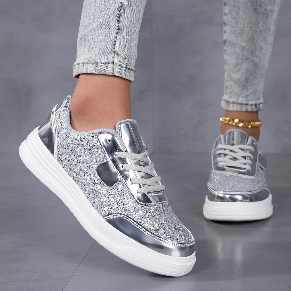 Women Glitter Platform Sneakers Lace Up Metallic Patent Leather Sole