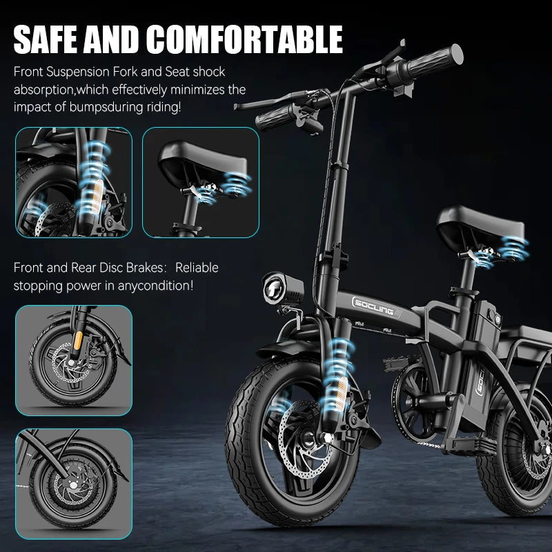 500W Electric Bicycles Ebike E-Bike For Adults, 3-Riding Modes, 14' Foldable Ebike, With Charger And Battery, MAX Speed 19.9 MPH, Dual Disc Brakes, With A Basket And Lock, Durable And Lightweight Frame, All-Terrain Foldable E