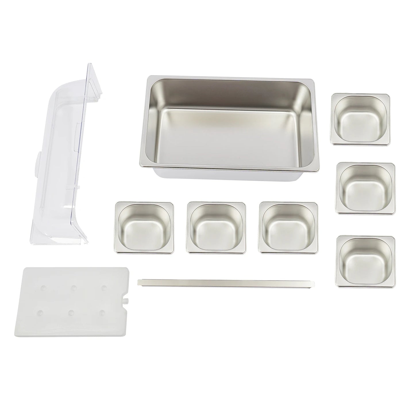 Ice Food Serving Display Tray with 6 Pans, Stainless Steel Condiment Organizer with PC Roll Cover, Cold/Hot Dual Use Buffet Serving Station for Parties Restaurants Catering