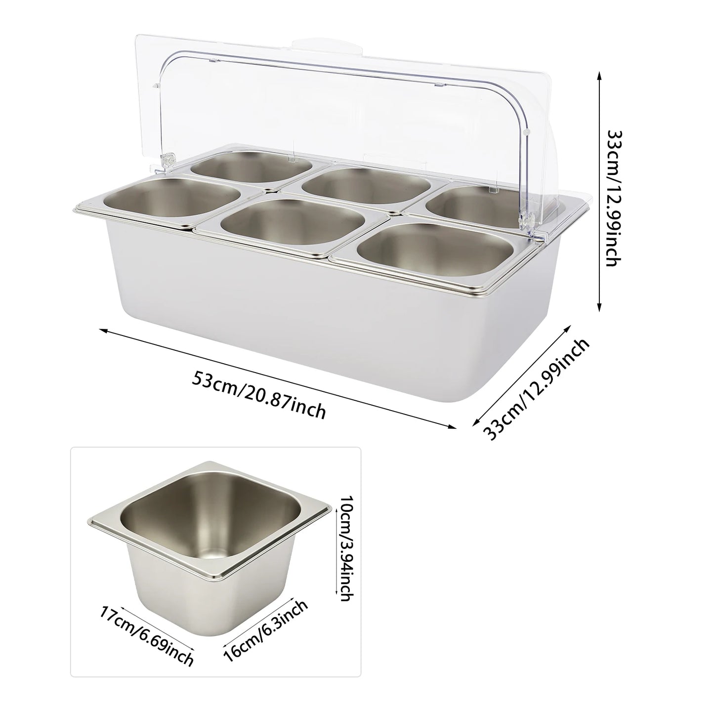 Ice Food Serving Display Tray with 6 Pans, Stainless Steel Condiment Organizer with PC Roll Cover, Cold/Hot Dual Use Buffet Serving Station for Parties Restaurants Catering
