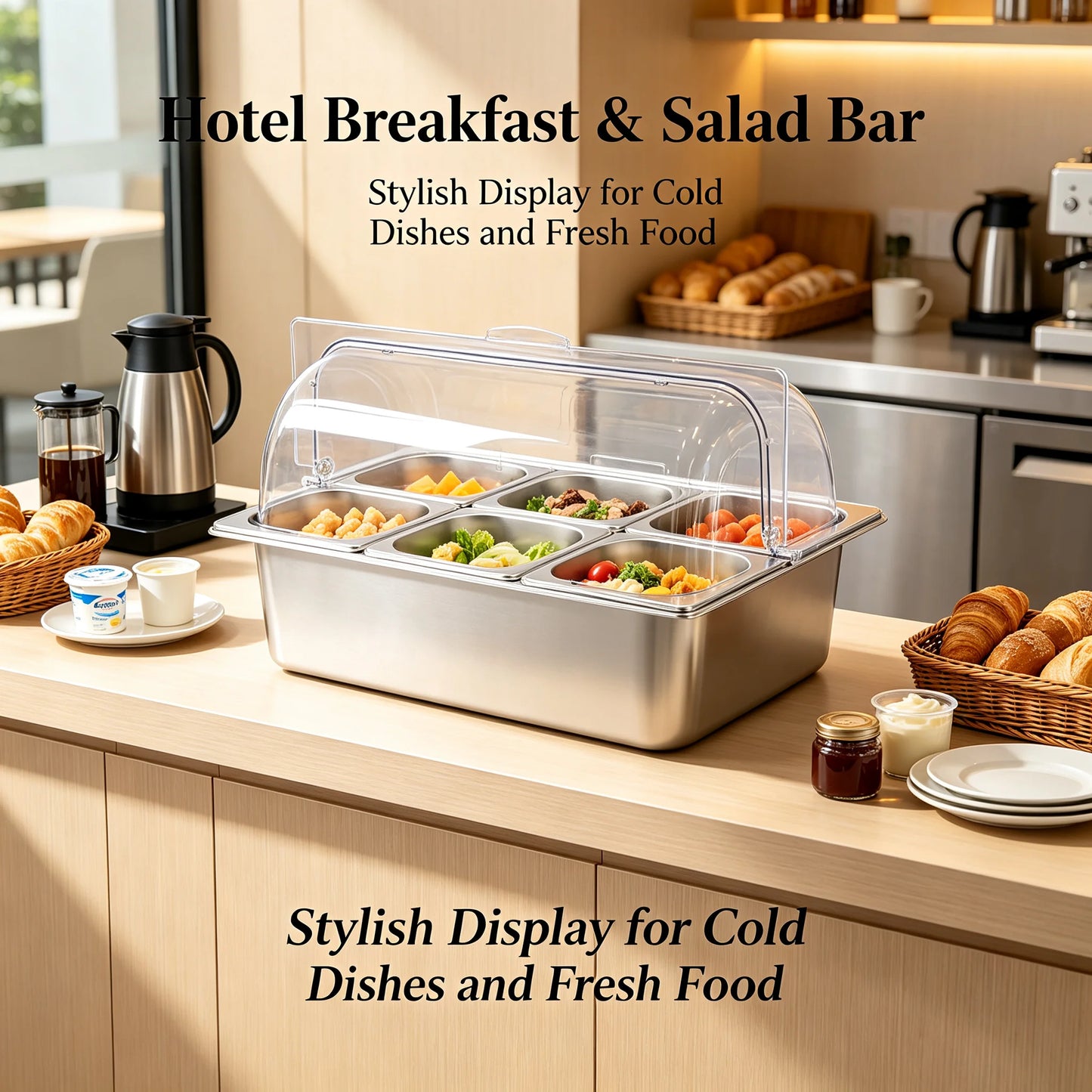 Ice Food Serving Display Tray with 6 Pans, Stainless Steel Condiment Organizer with PC Roll Cover, Cold/Hot Dual Use Buffet Serving Station for Parties Restaurants Catering