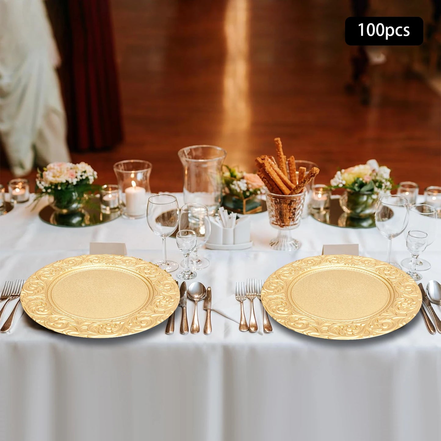 100-Piece Charger Plates Set, Gold Round Western Snack Platters with Patterns, Reusable Serving Plate for Birthday Parties, Holidays, Weddings