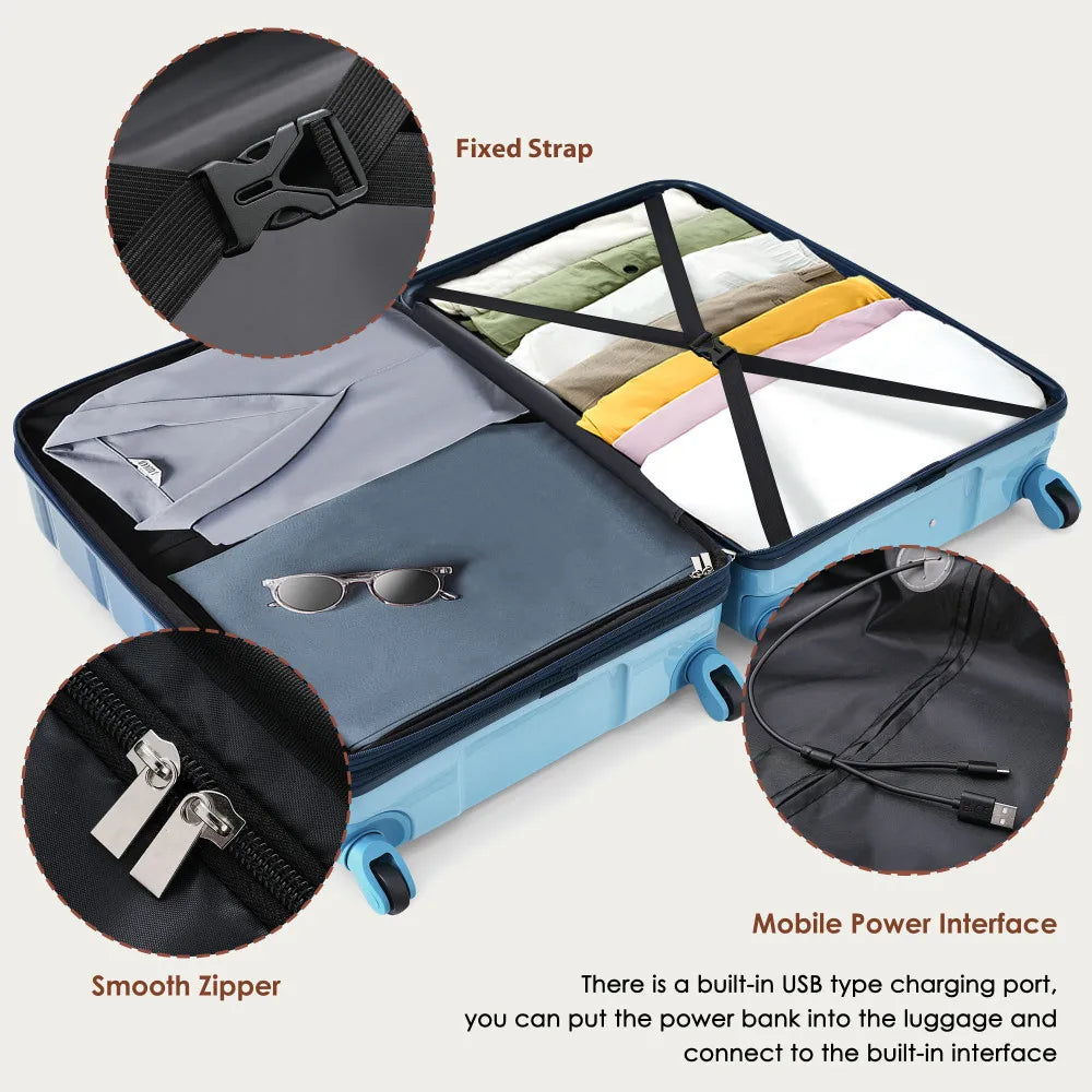 CN Hong Kong Luggage Set 3 USB Carry On ABS PC Hard Shell