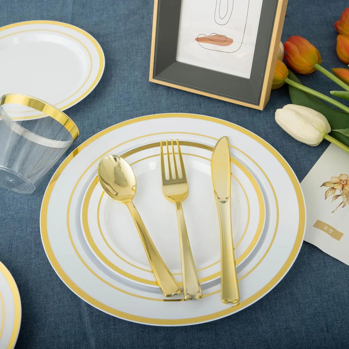 700 Piece Gold Dinnerware Set for 100 Guests, Disposable for Party, Include: 100 Gold Rim Dinner Plates, 100 Dessert Pl