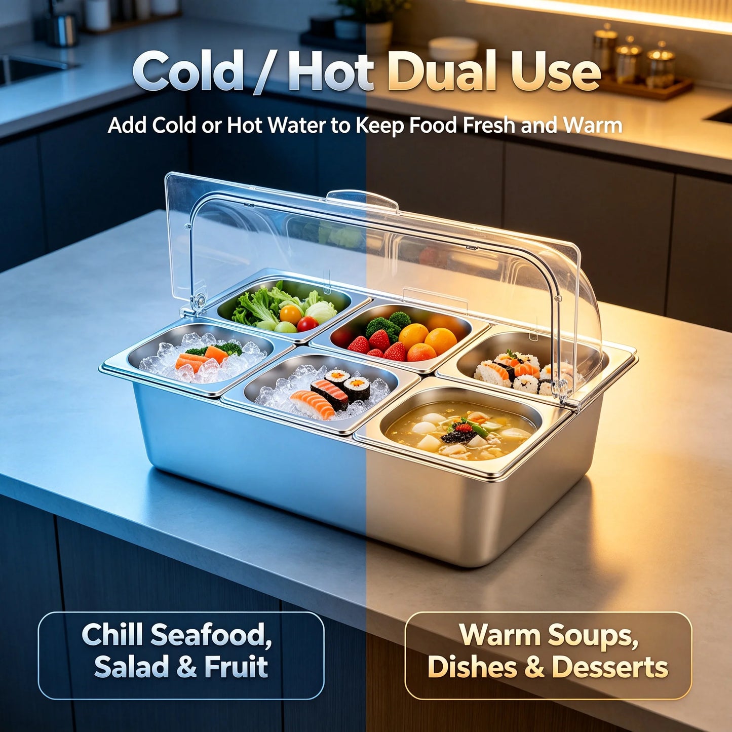 Ice Food Serving Display Tray with 6 Pans, Stainless Steel Condiment Organizer with PC Roll Cover, Cold/Hot Dual Use Buffet Serving Station for Parties Restaurants Catering