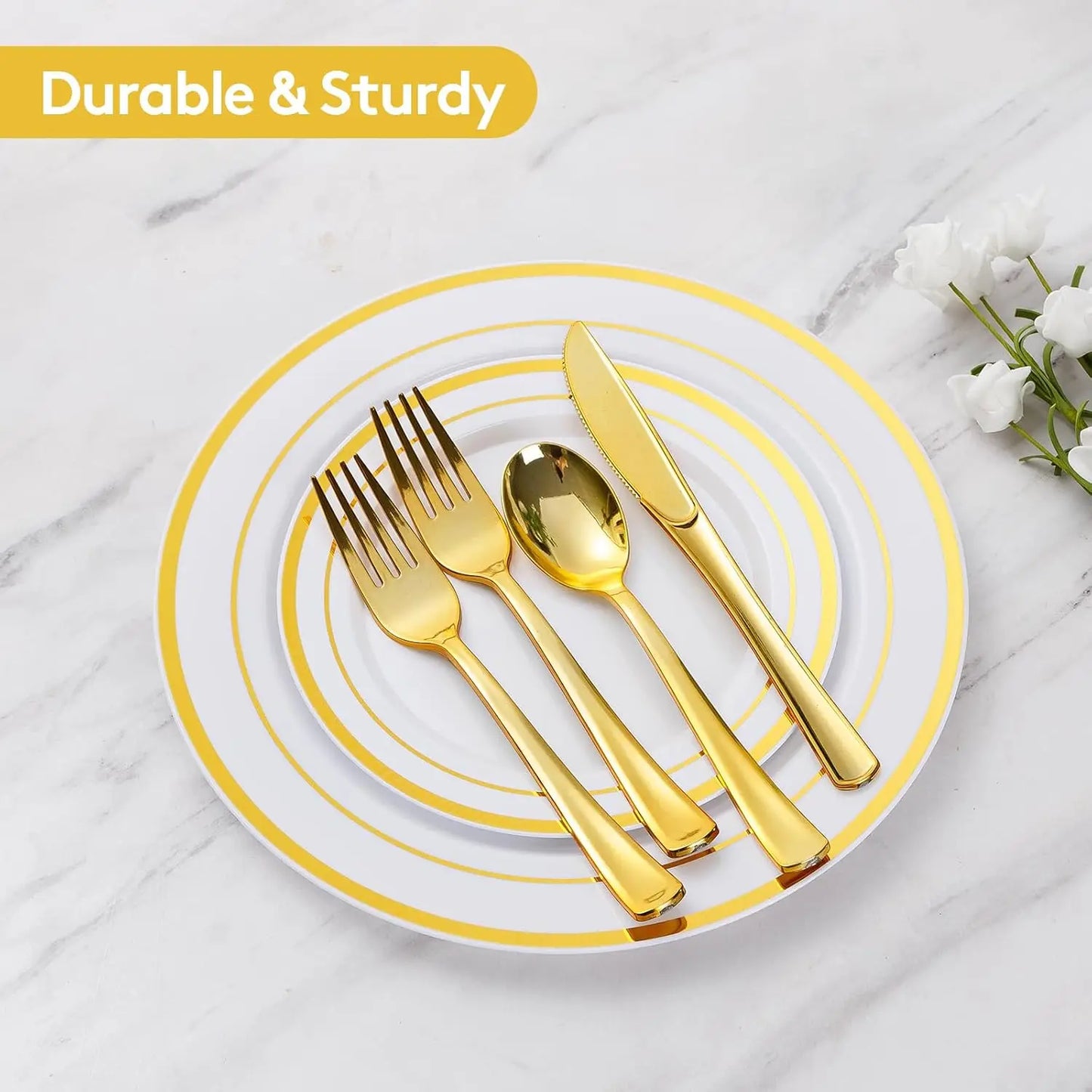 700 Piece Gold Dinnerware Set for 100 Guests, Disposable for Party, Include: 100 Gold Rim Dinner Plates, 100 Dessert Pl