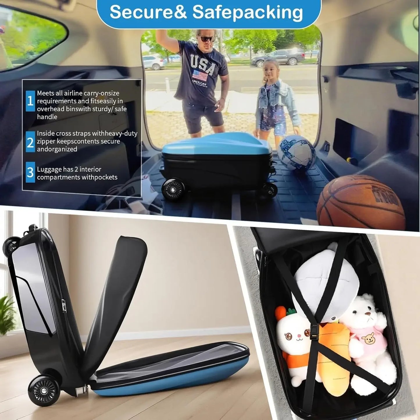 2 in 1 Ride On Scooter Suitcase Carry On Hardshell Ride On Suitcase Scooter for Kids Age 4 15 Multifunctional Ride On