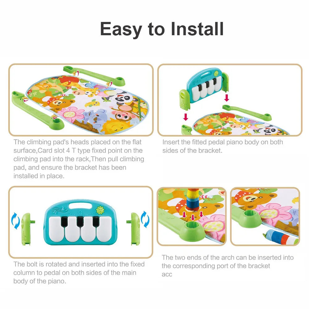 Baby Piano Gym Playmat Music Led Lights Hanging Toys Mirror