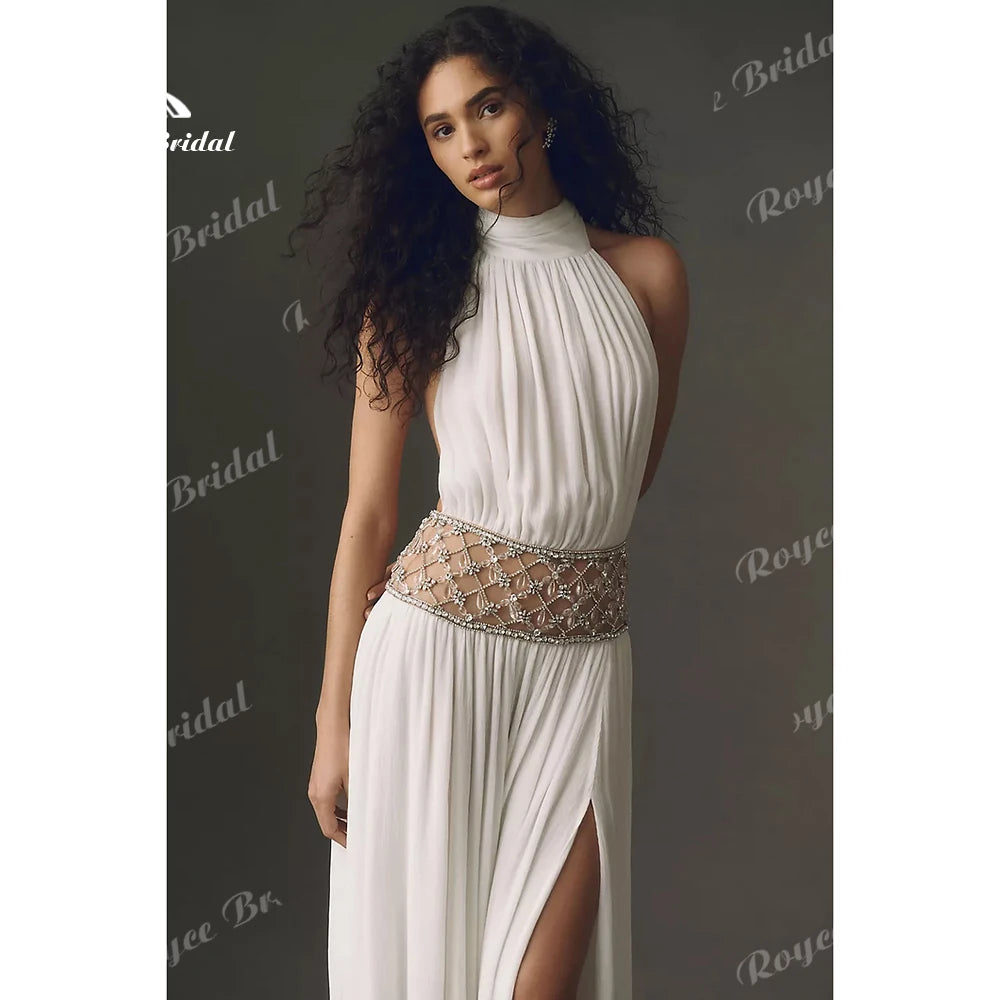 Greciancore White Halter Beaded Women's Formal Evening Gowns Cutout Chiffon Prom Dress High Slit Evening Dress Customized