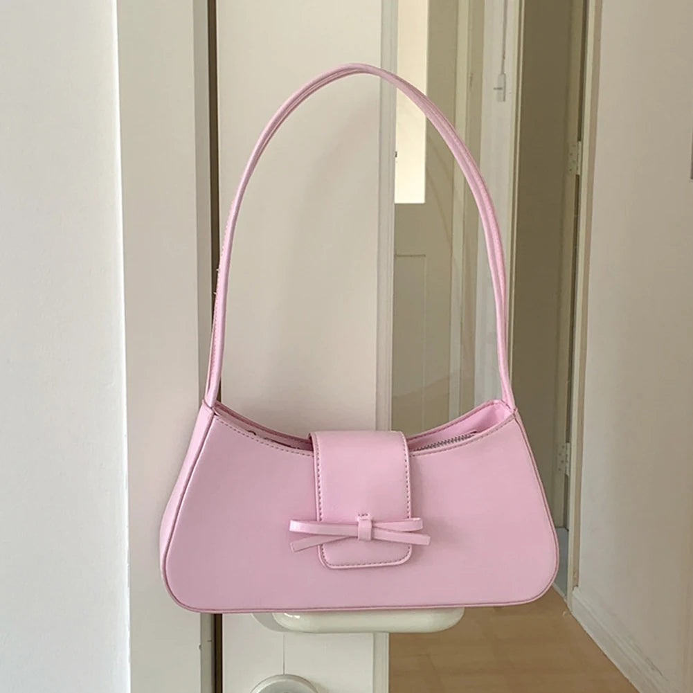 Sweet Bow Shoulder Bag PU Leather Fashion Handbag with Zipper Closure Everyday Purse Trendy Underarm Bag for Women and Girls