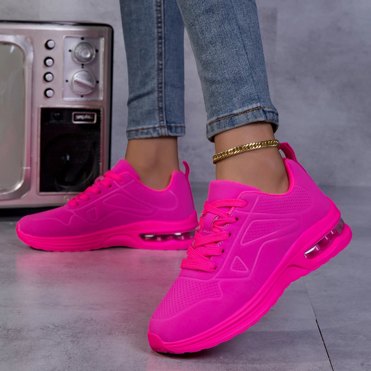 Women Air Cushion Walking Sneakers Breathable Upper Lace Up Lightweight