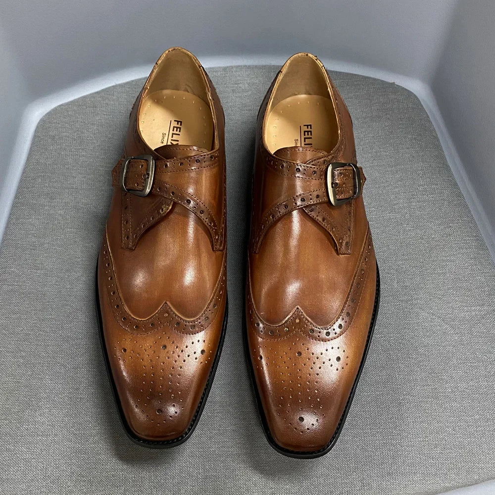 Felix Chu Mens Monk Strap Wingtip Buckle Dress Shoes