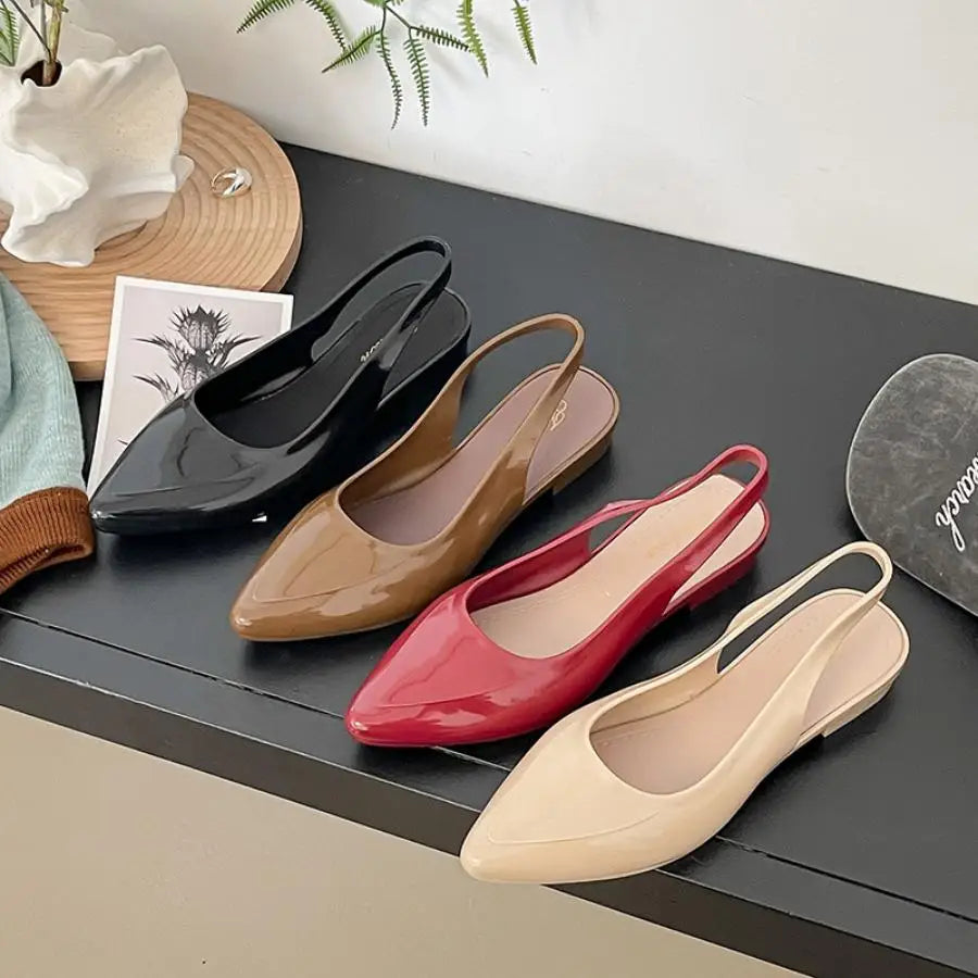 Patent Leather Pointed Toe Slingback Flats With Low Block Heel